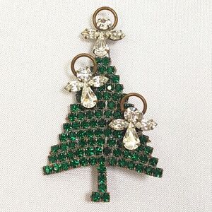 Attruia Vintage Crystal Green, White And Gold Christmas Angel Tree Brooch